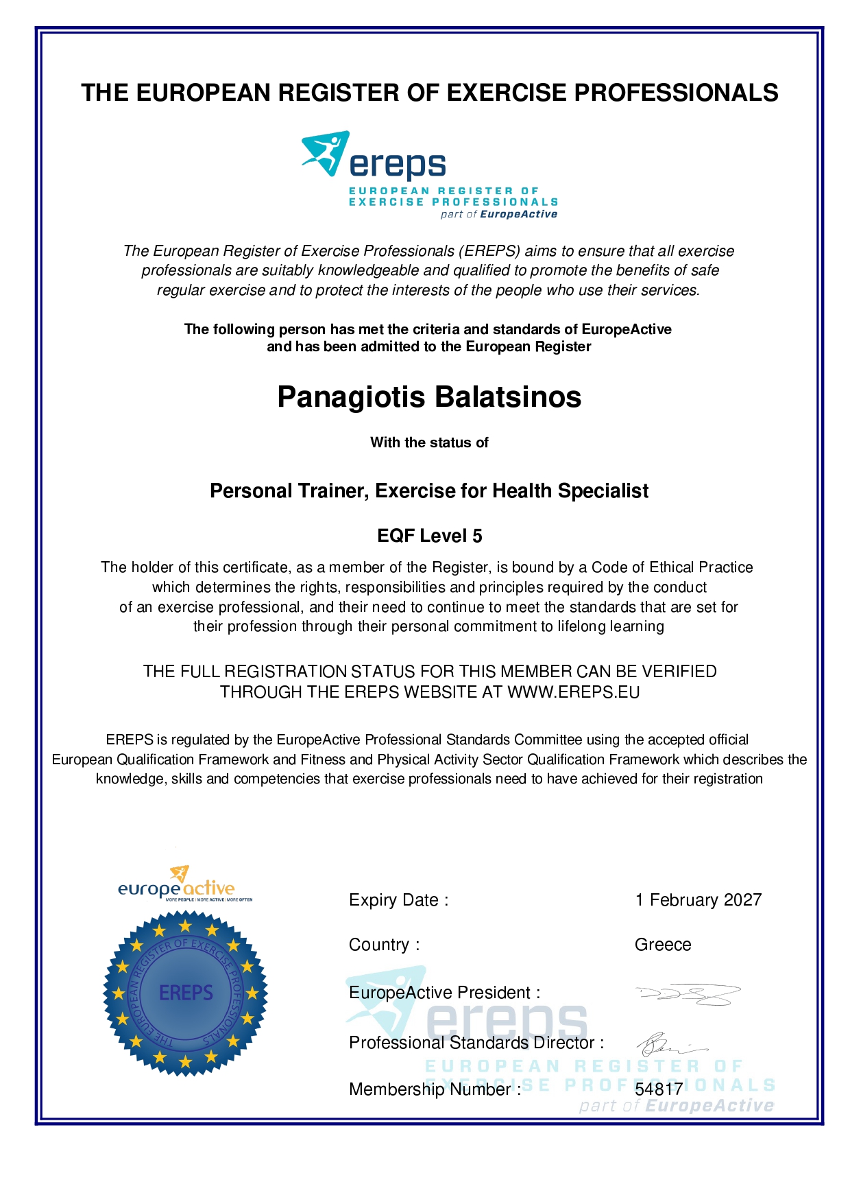 EuropeActive / EREPS Certificates
