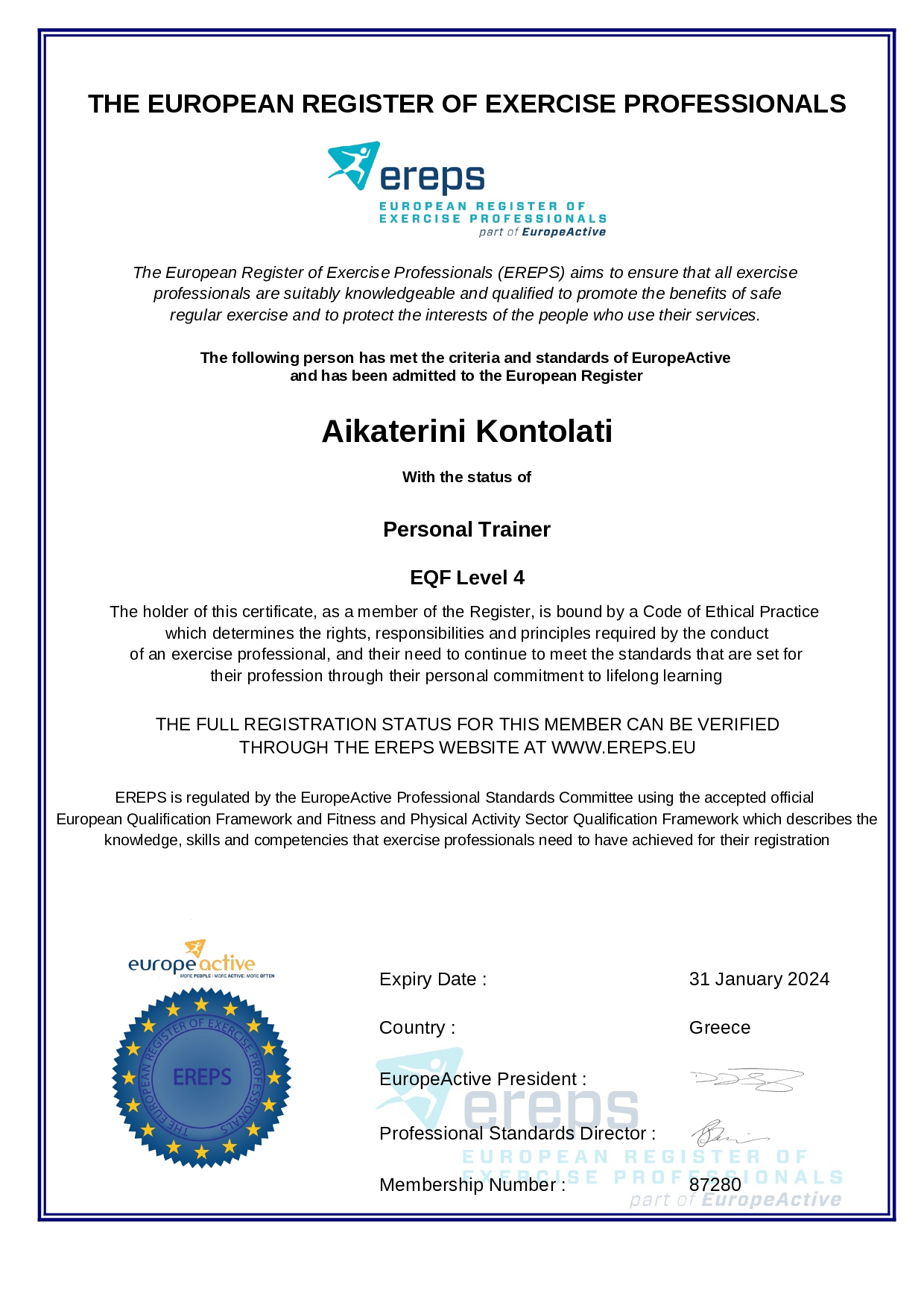 Personal Training EREPS EQF Level 4 Sample